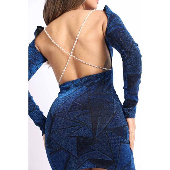 Women's Jacquard knit Open Back Bodycon Dress With Pearl And Rhinestone Chain - Picture 3 of 10